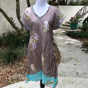 Johnny Was Taupe Floral Crinkled Dress with Teal Hem